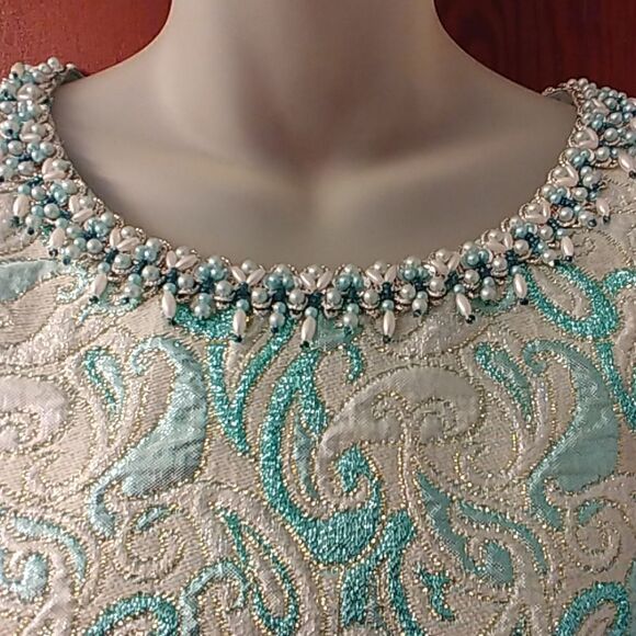VTG 60s Quilted Brocade Aqua Beaded Formal Dress - Picture 2 of 8